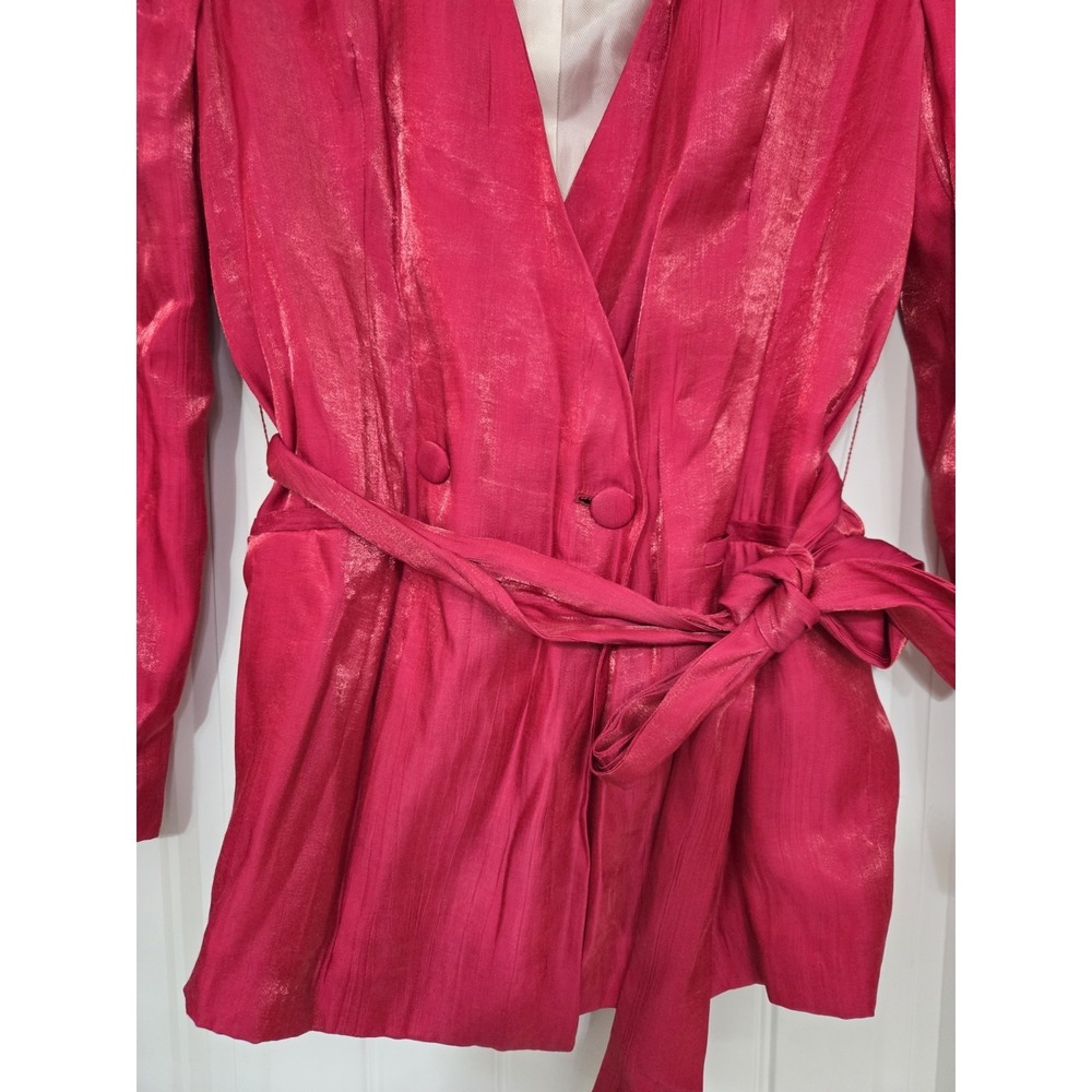 Zara Shiny Satin Wrinkle Effect Belted Shoulder Pad Blazer Fushia Size M NWT - Picture 4 of 10